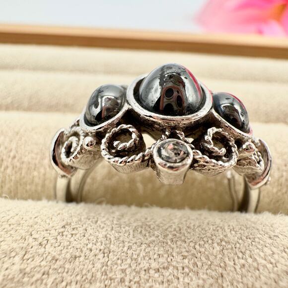 Vintage Avon Midnight Splendor Faux? Hematite Ring Crystals Opulent Ornate 1972 - Picture 6 of 15